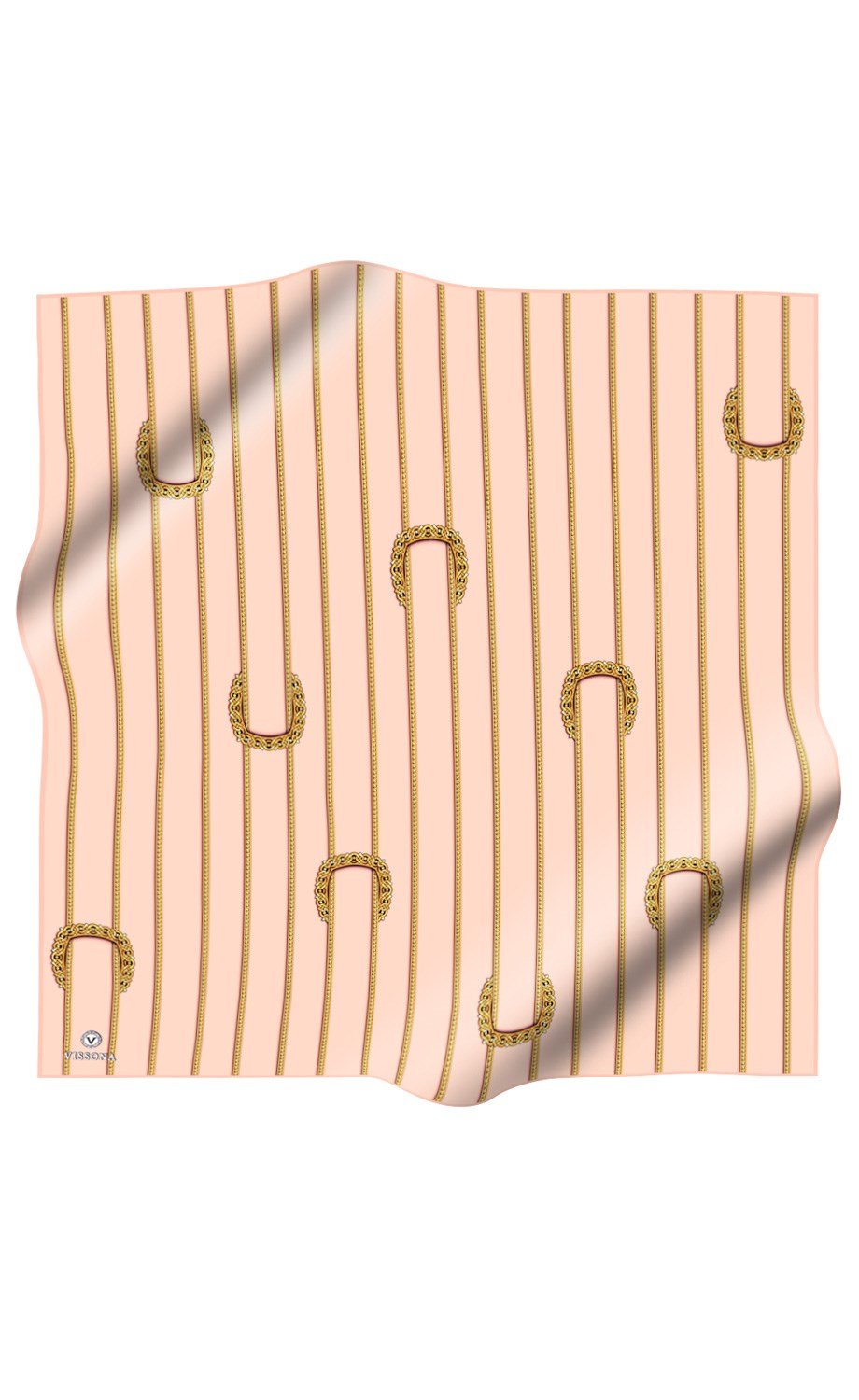 %100 Twill İpek Kemer Desenli Gold - Somon Renkli 90x90 Eşarp Dikim Şekli : El Dikişi