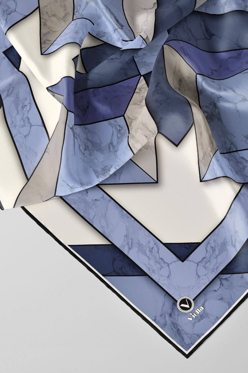 Twill Mermer Desenli İndigo - Lacivert Renkli 90x90 Eşarp (İpek İçermez) Kenar Dikiş Şekli El Dikişli