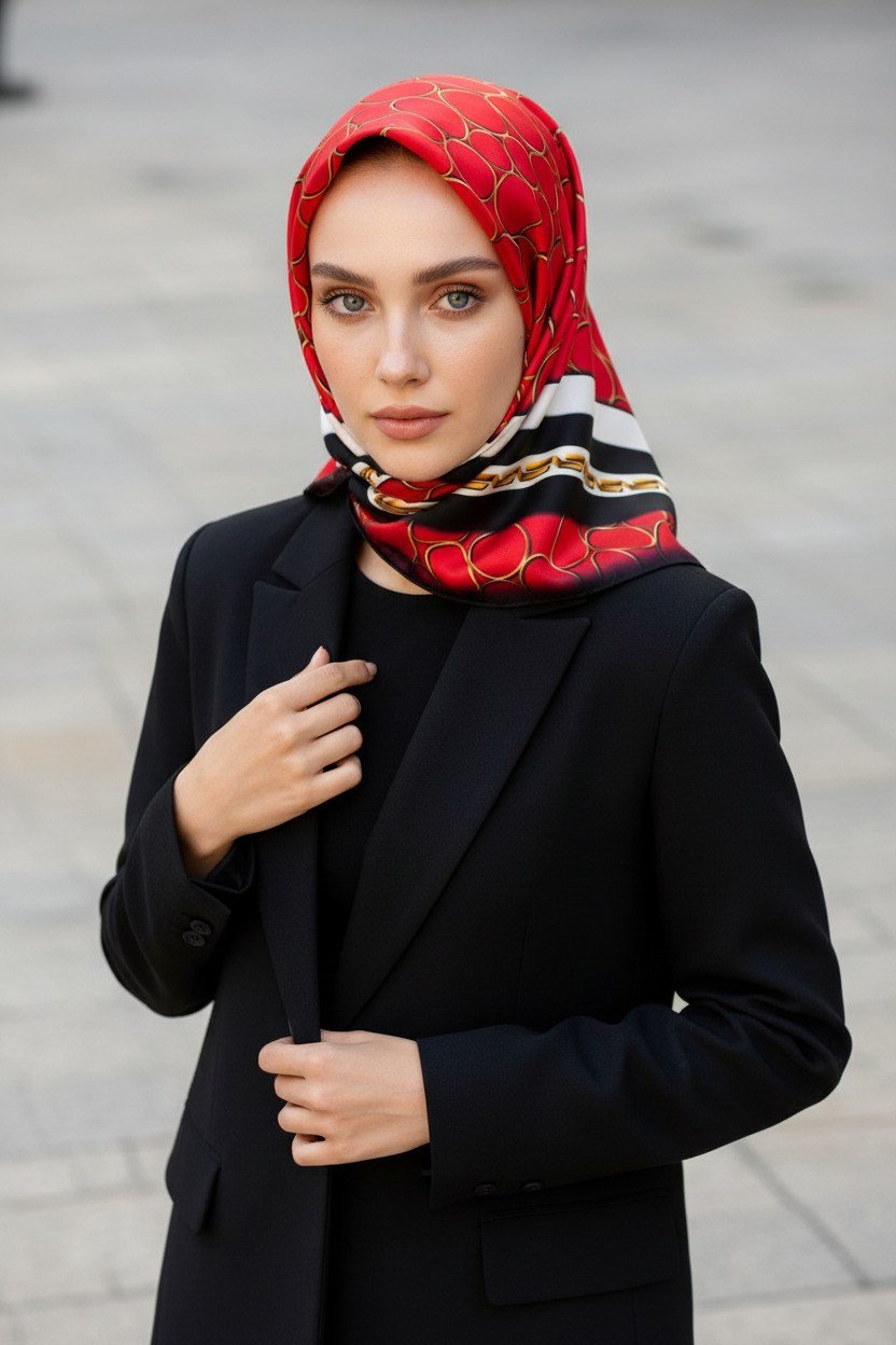 %100 Twill İpek Zincir Desenli Kırmızı - Siyah Renkli 90x90 Eşarp Kenar Dikiş Şekli El Dikişli
