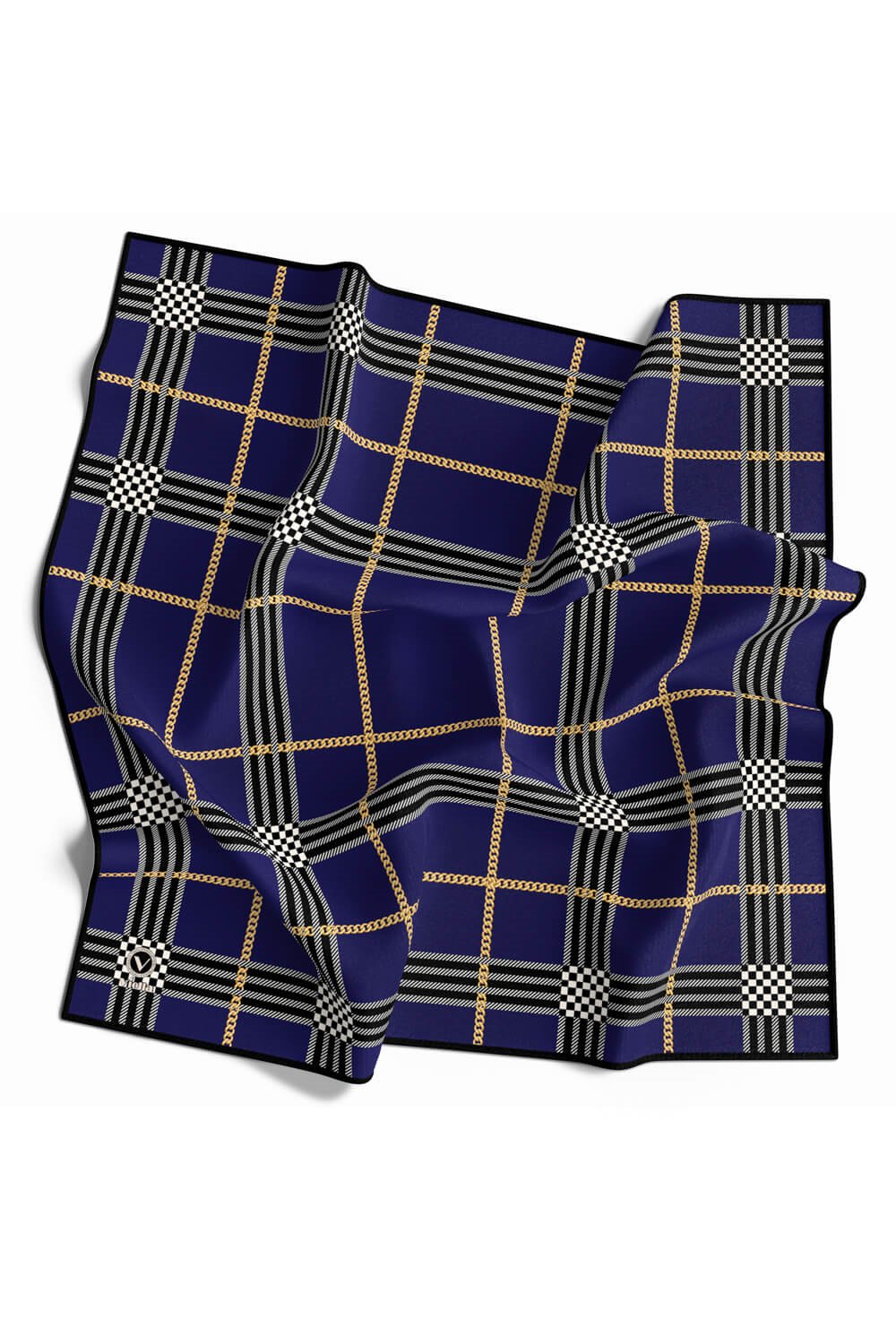 Twill Ekose Desenli Lacivert Renkli 90x90 Eşarp (İpek İçermez) Kenar Dikiş Şekli El Dikişli