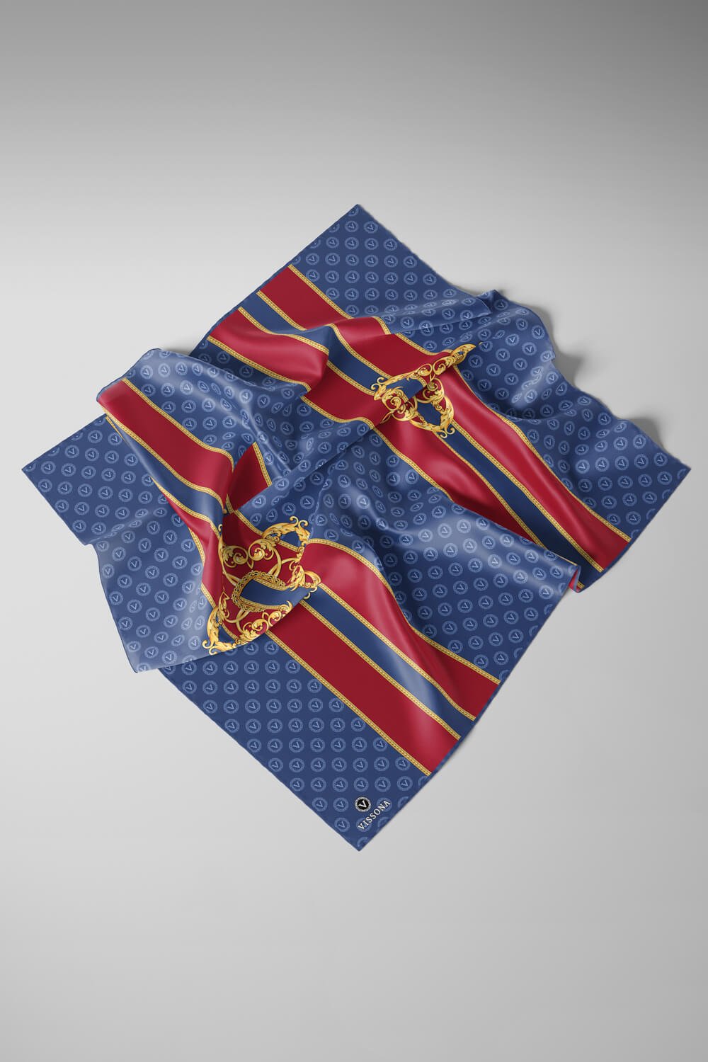 %100 Twill İpek Monogramlı Ve Barok Desenli İndigo - Bordo Renkli 90x90 Eşarp Dikim Şekli : El Dikişi