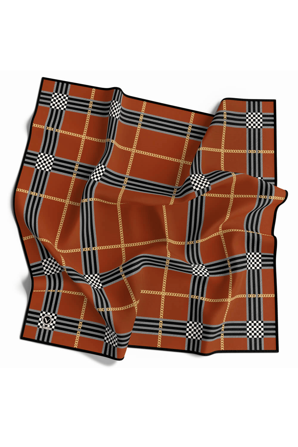 Twill Ekose Desenli Taba Renkli 90x90 Eşarp (İpek İçermez) Kenar Dikiş Şekli El Dikişli