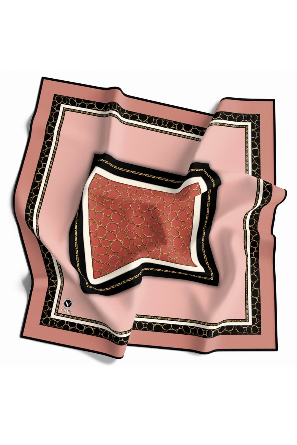 Twill Zincir Desenli Somon Renkli 90x90 Eşarp (İpek İçermez) Kenar Dikiş Şekli El Dikişli