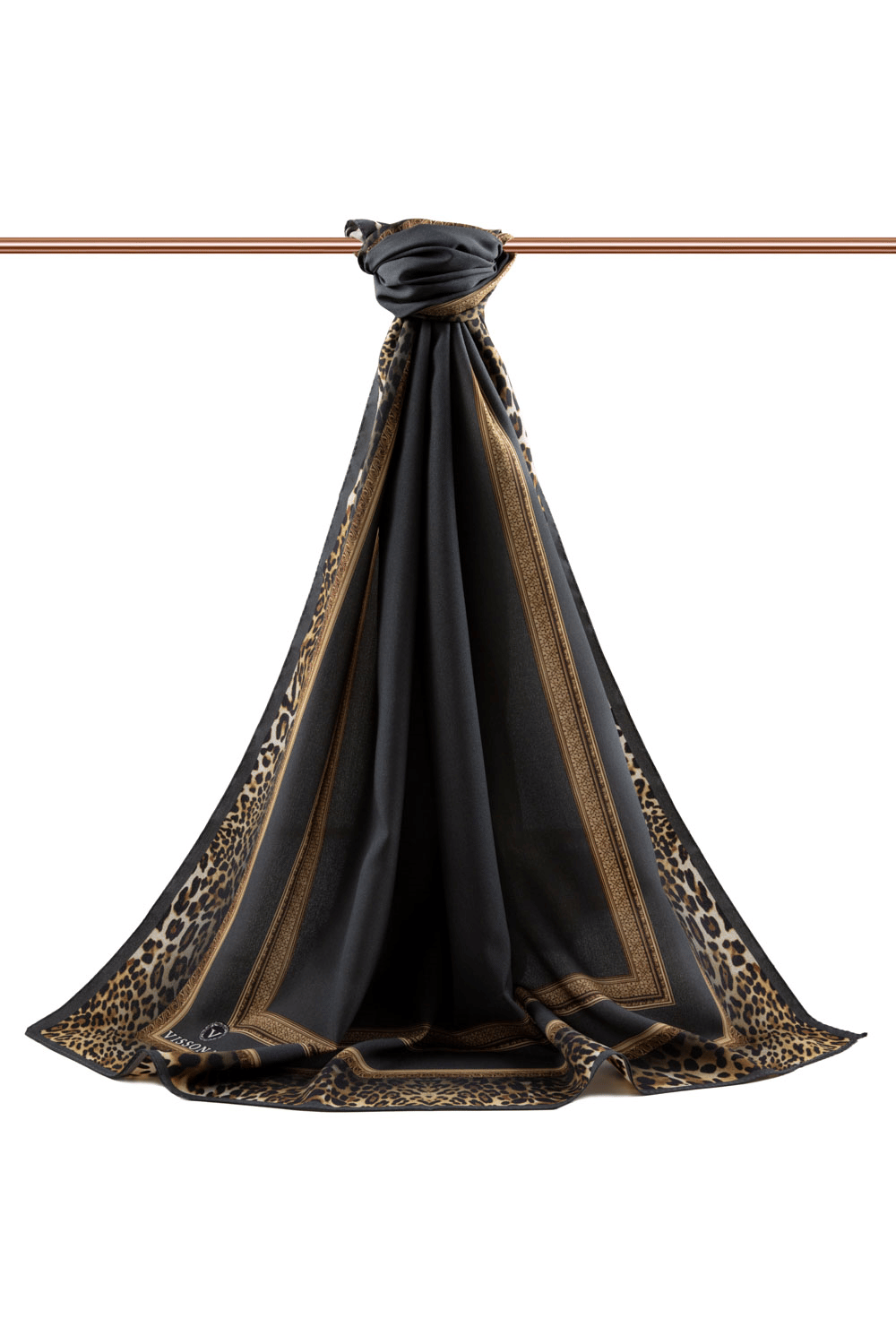 LÜKS MEDİNE İPEĞİ LEOPAR BORDÜR DESENLİ FÜME RENKLİ 75X195 KIRIŞMAZ ŞAL MOSS KREP DİKİŞ TİPİ İTALYAN DİKİŞLİ