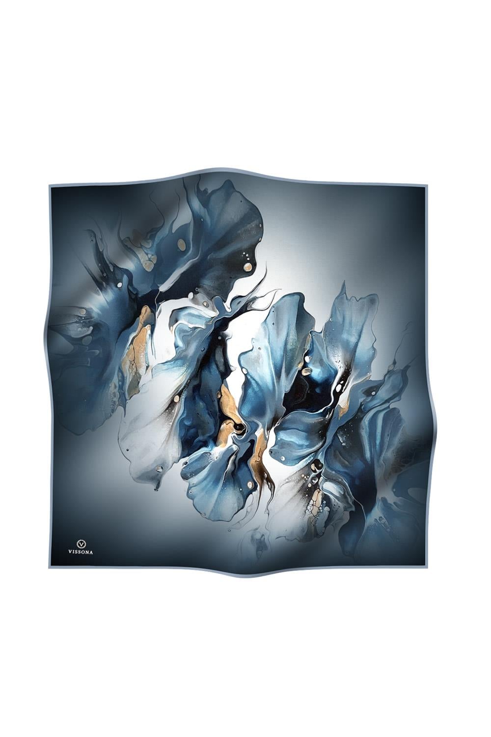 %100 Twill İpek Batik Çiçek Desenli Turkuaz - Gri Renkli 90x90 Eşarp Dikim Şekli : El Dikişi