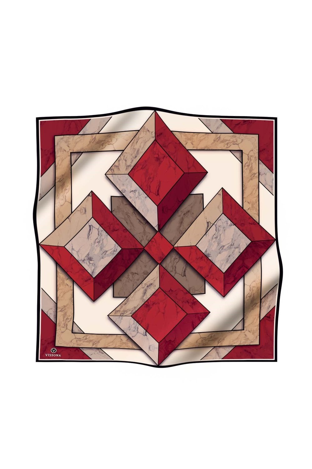 %100 Twill İpek Mermer Desenli Bordo - Bej Renkli 90x90 Eşarp Dikim Şekli : El Dikişi