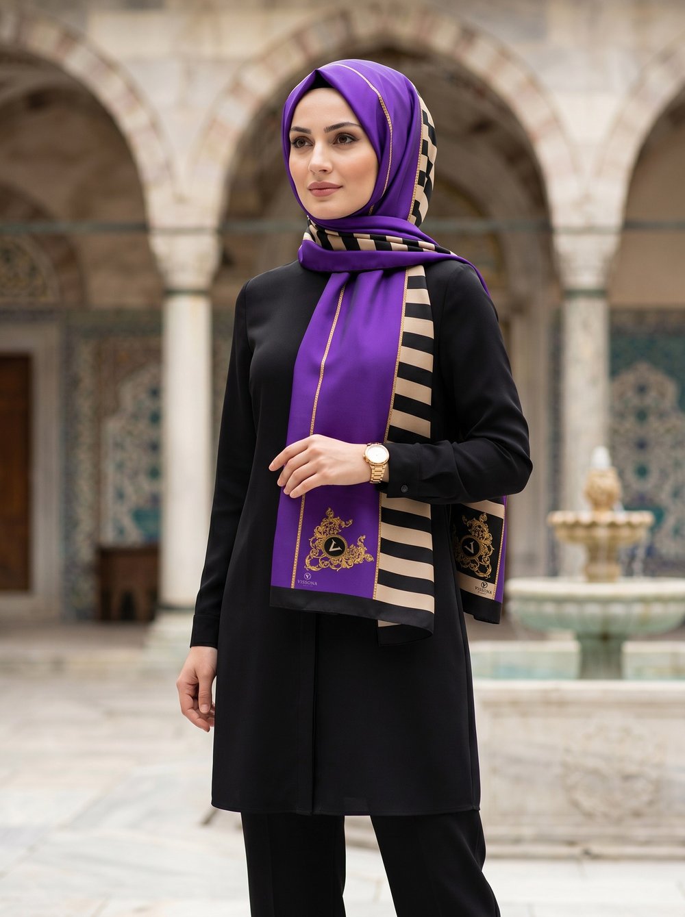 %100 İpek Çizgili Ve Varak Desenli Mor - Siyah Renkli 92x210 Şal