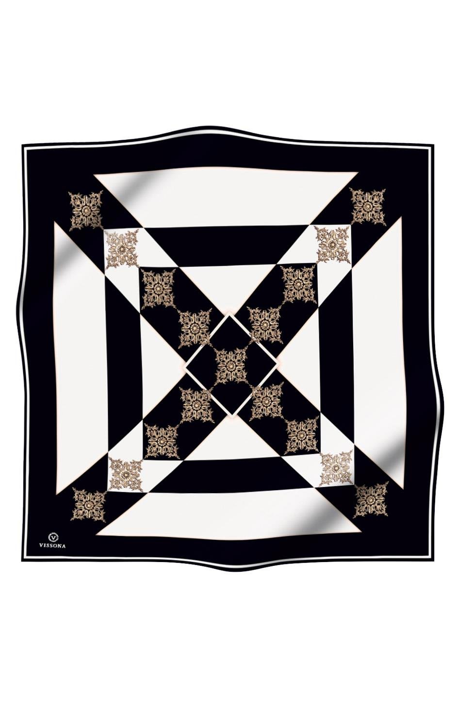 %100 Twill İpek Geometrik ve Barok Desenli Siyah - Krem Renkli 90x90 Eşarp Dikim Şekli : El Dikişi
