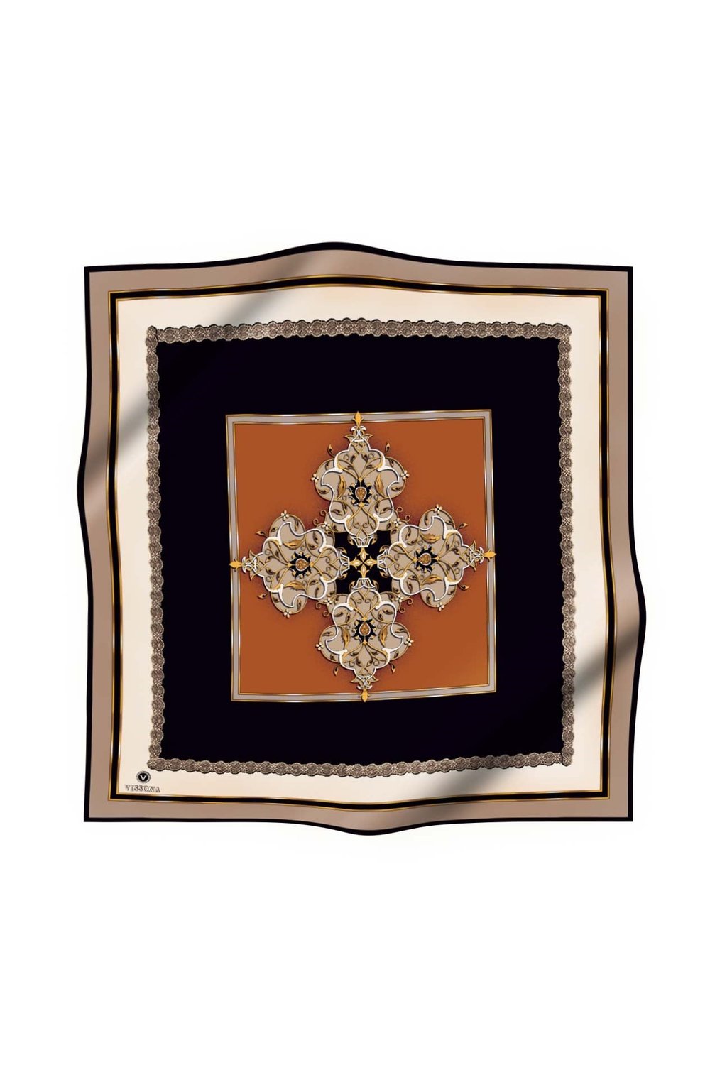 % 57 İPEK % 43 VİSKON Twill İpek Barok Desenli Taba - Bej Renkli 90x90 Eşarp Dikim Şekli : El Dikişi