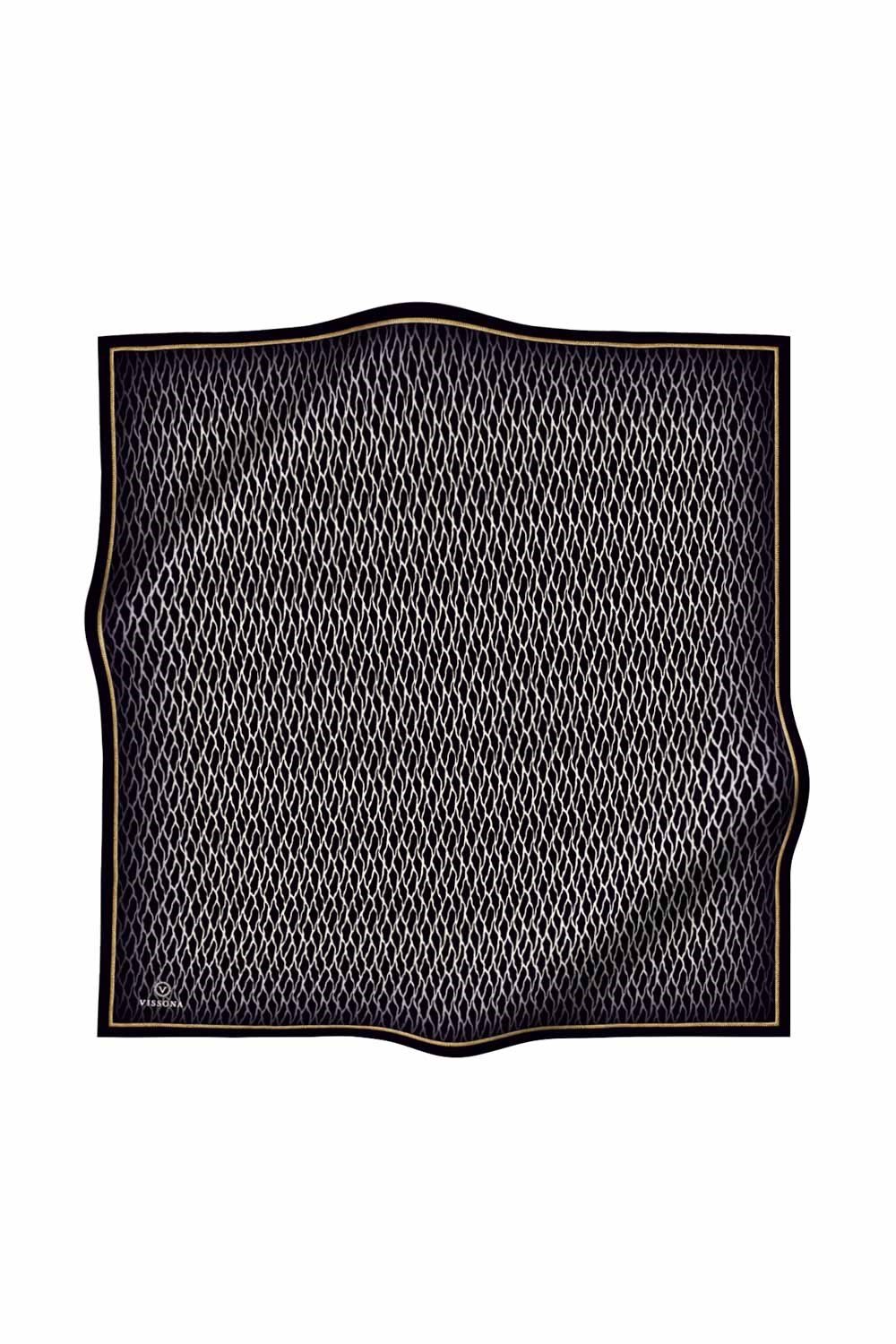 %100 Twill İpek File Desenli Siyah - Krem Renkli 90x90 Eşarp Dikim Şekli : El Dikişi