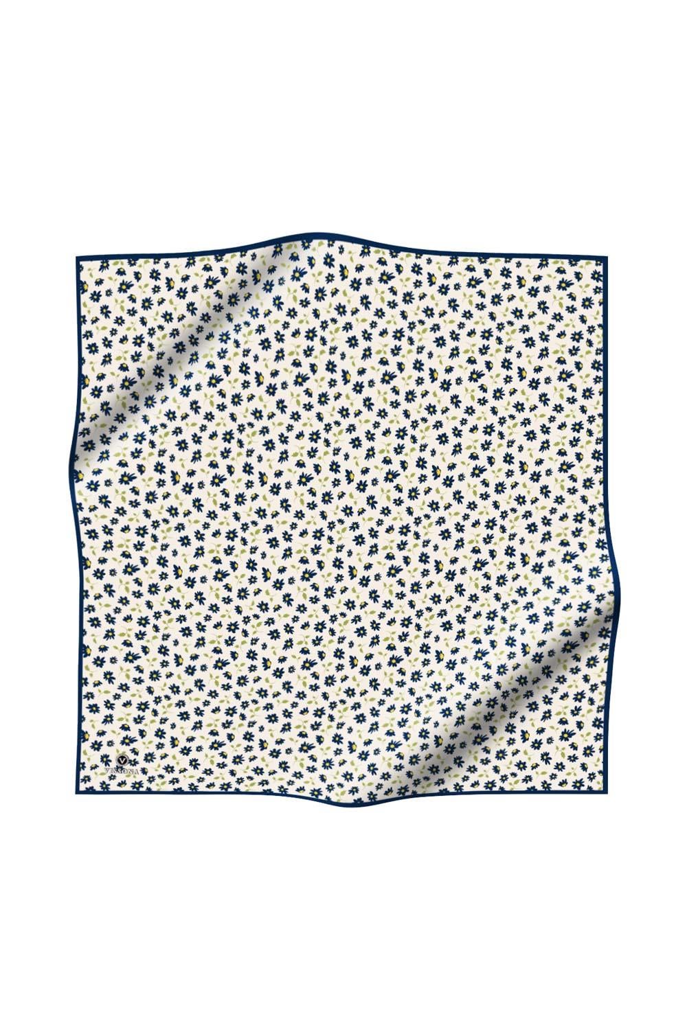 %100 Twill İpek Papatya Desenli Krem - Lacivert Renkli 90x90 Eşarp Dikim Şekli : El Dikişi
