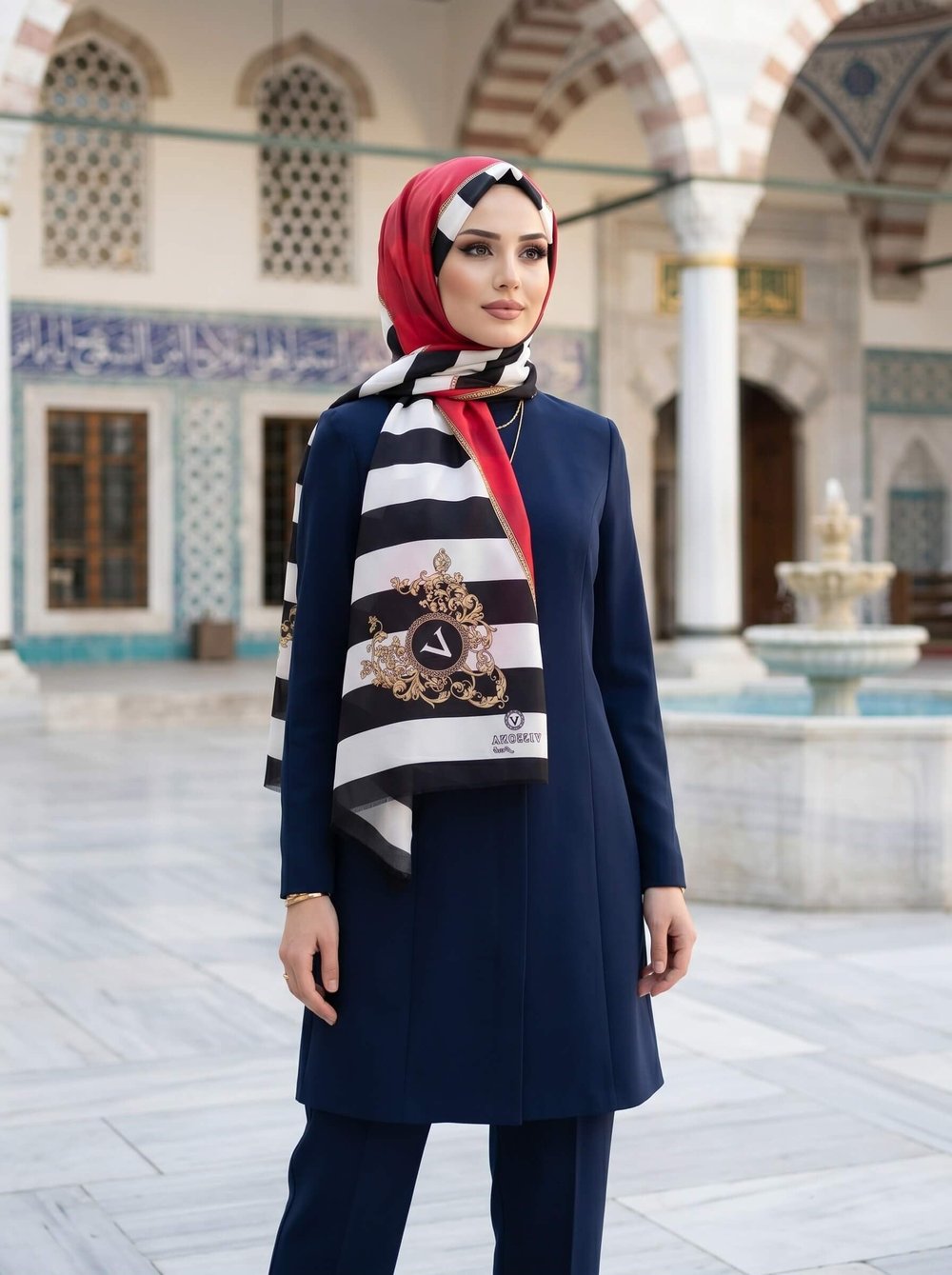 %100 İpek Çizgili Ve Varak Desenli Kırmızı - Siyah Renkli 92x210 Şal