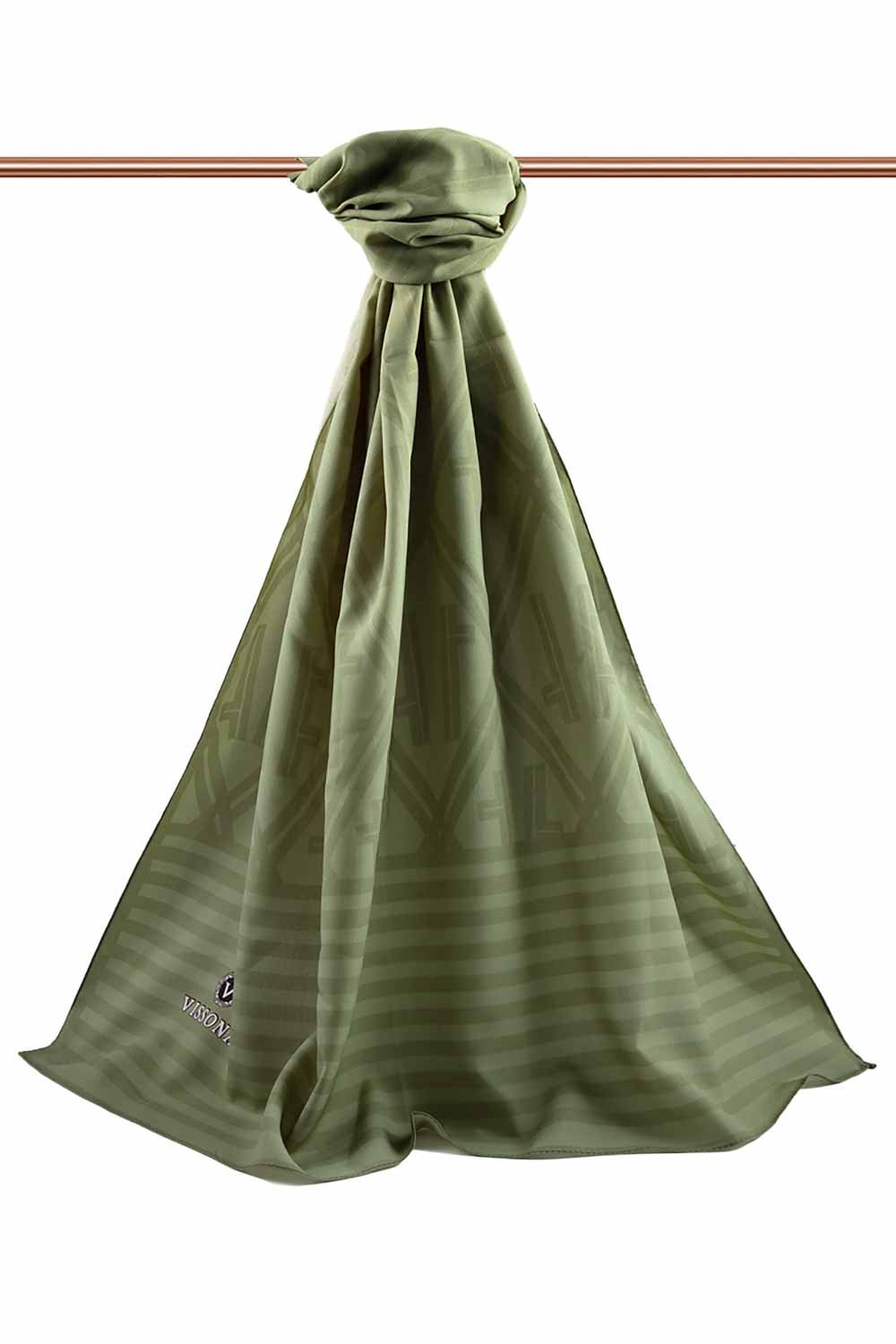 LÜKS MEDİNE MONOGRAM DESENLİ YAĞ YEŞİLİ RENKLİ 75X195 KIRIŞMAZ ŞAL MOSS KREP DİKİŞ TİPİ İTALYAN DİKİŞLİ