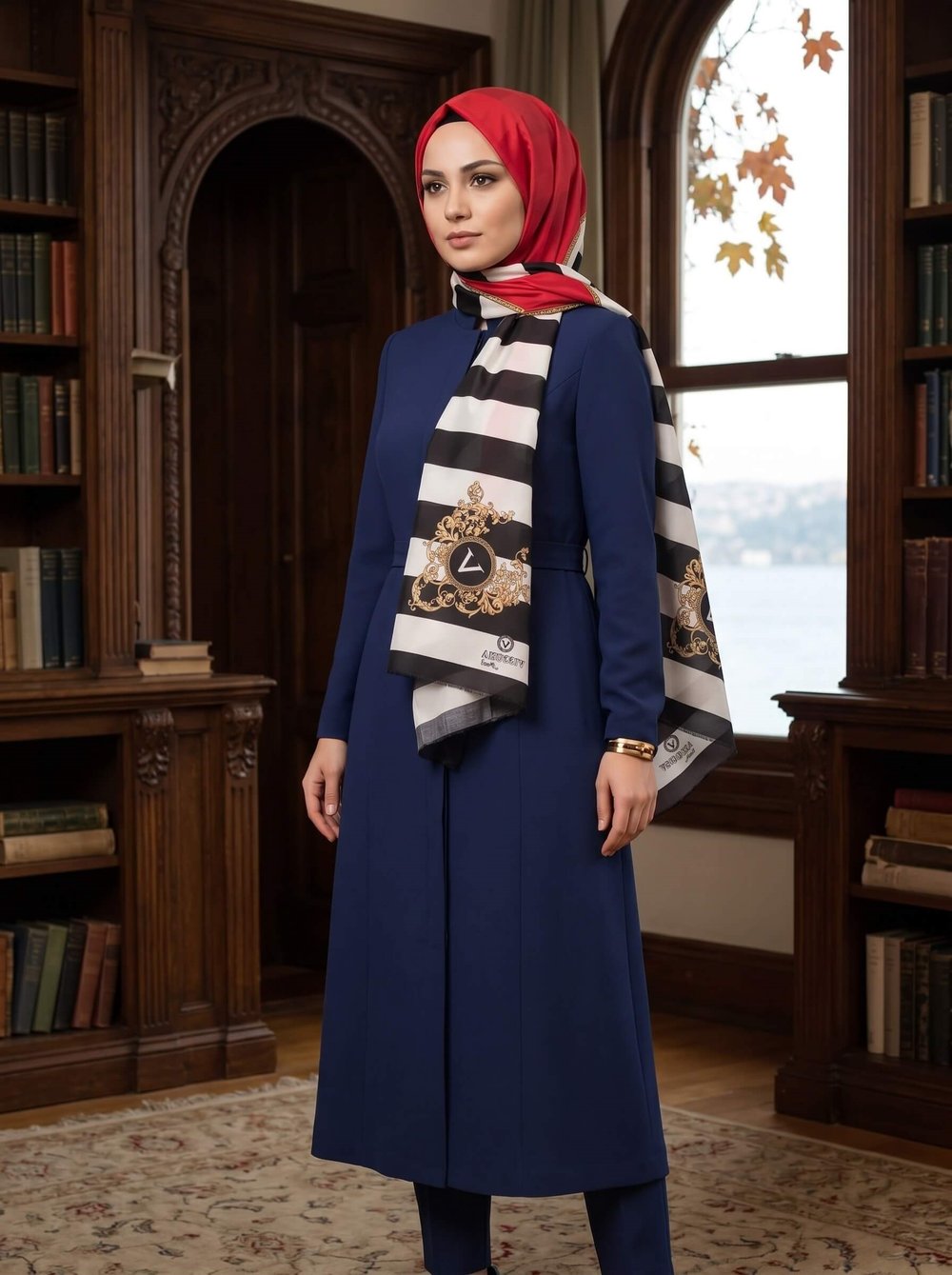 %100 İpek Çizgili Ve Varak Desenli Kırmızı - Siyah Renkli 92x210 Şal