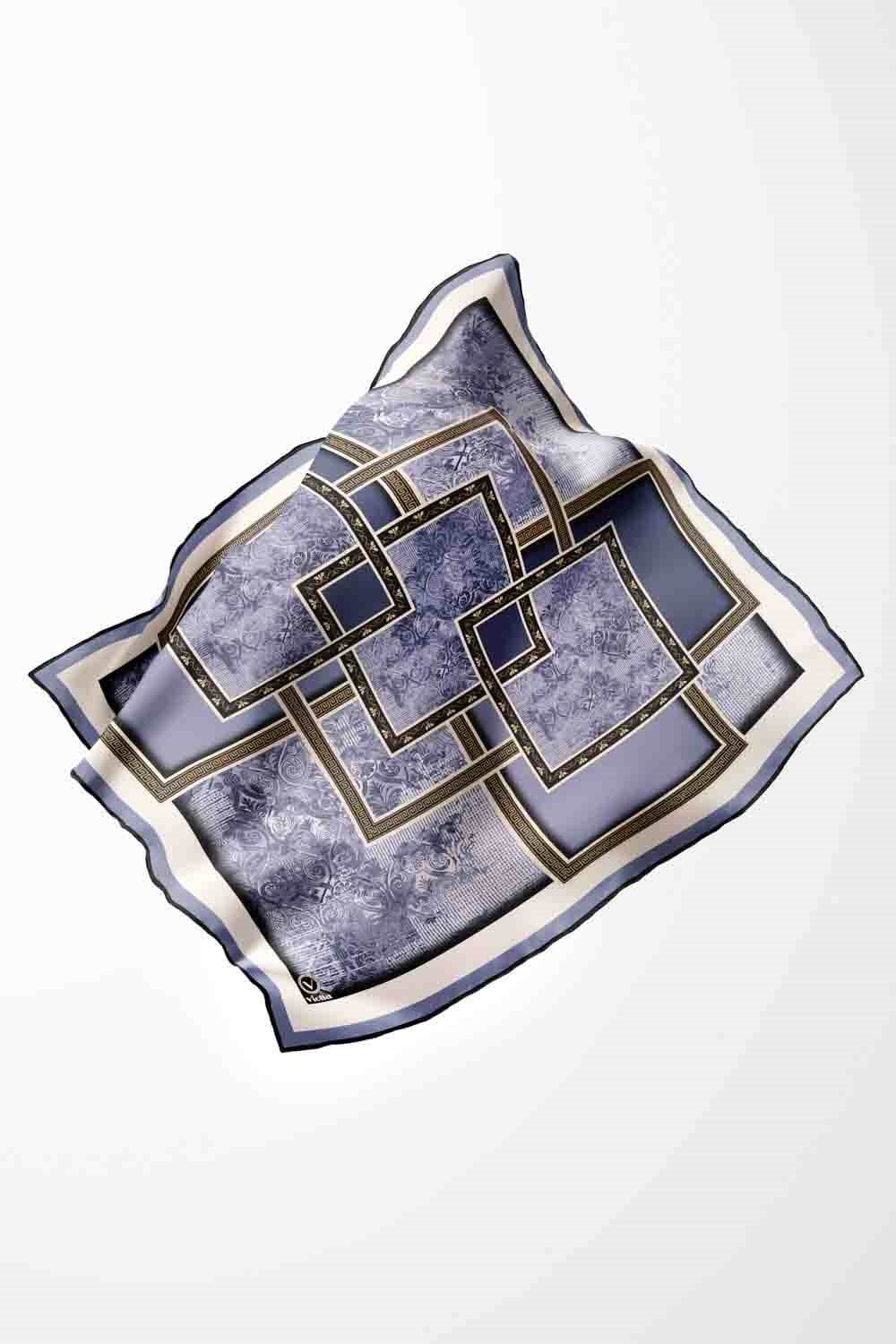 Twill Geometrik Desenli İndigo Renkli 90x90 Eşarp (İpek İçermez) Kenar Dikiş Şekli El Dikişli