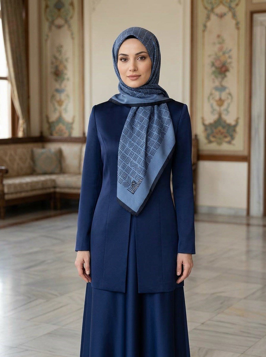 % 100 İPEK ETNİK DESENLİ İNDİGO - LACİVERT RENKLİ ŞAL
