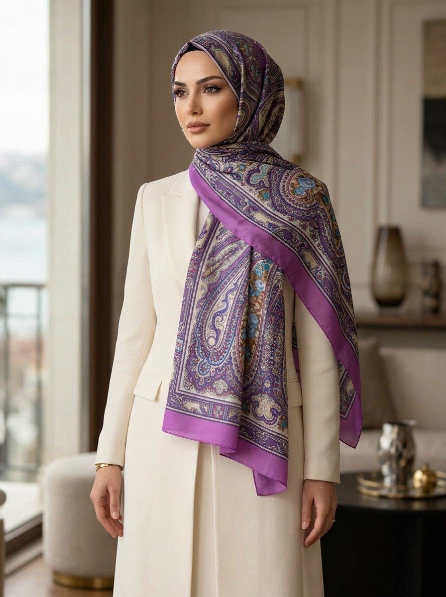 %100 İpek Etro Desenli Fuşya Renkli 92x210 Şal