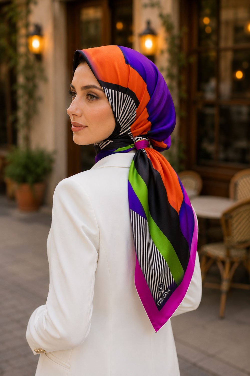 %100 Twill Renk Bloklu Çizgili Desenli Turuncu - Mor Renkli 90x90 Eşarp Dikim Şekli: El Dikişii