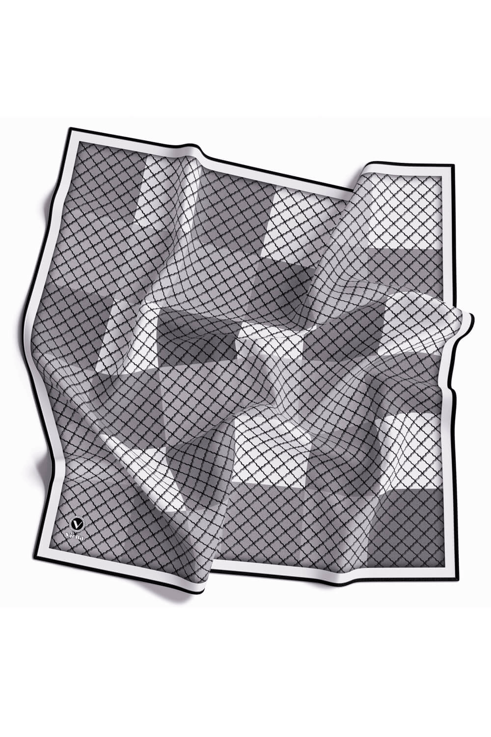 Twill Kare Desenli Gri Renkli 90x90 Eşarp (İpek İçermez) Kenar Dikiş Şekli El Dikişli
