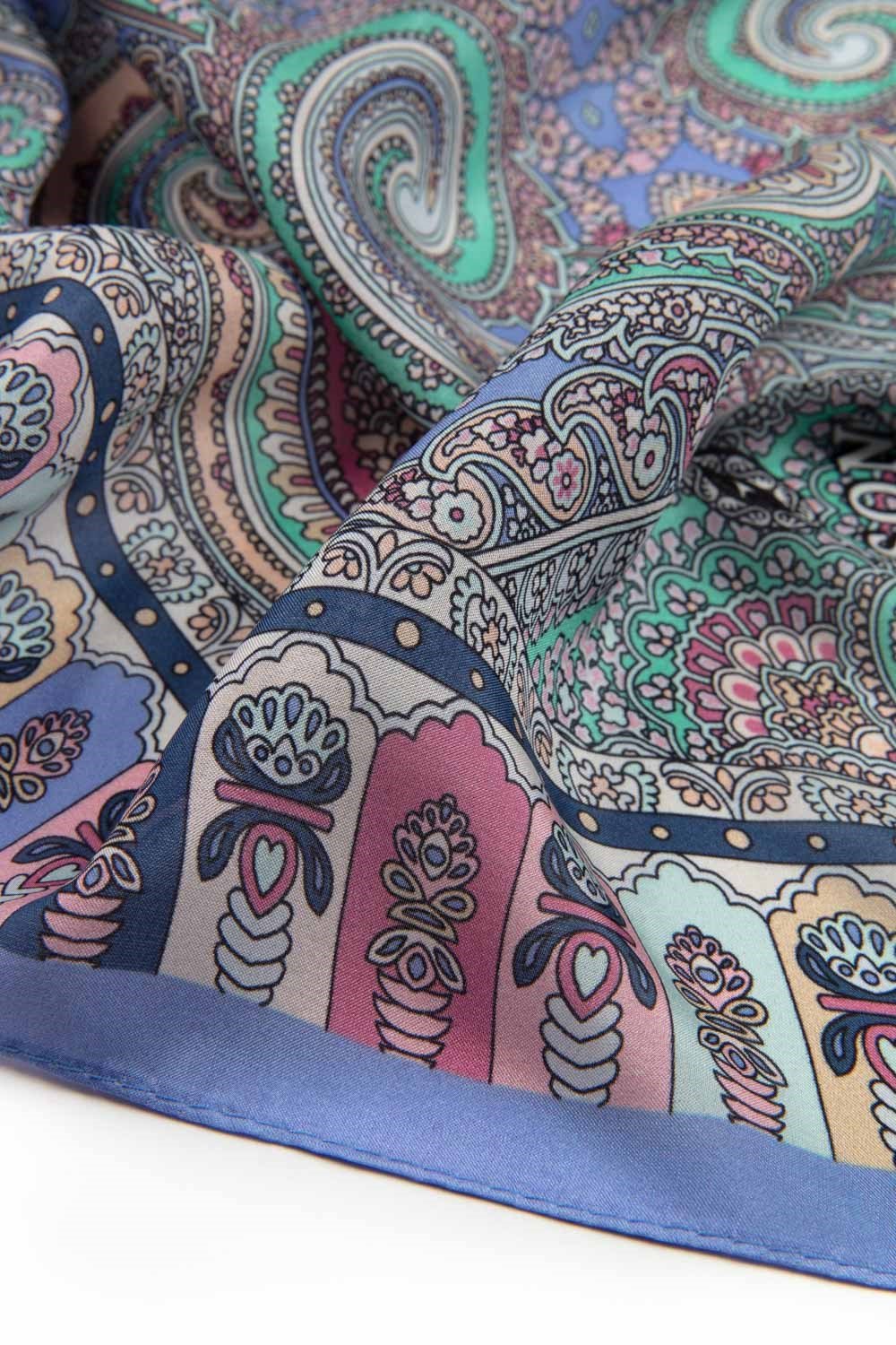 100% İPEK ETRO DESENLİ KREM - SAKS RENKLİ ŞAL