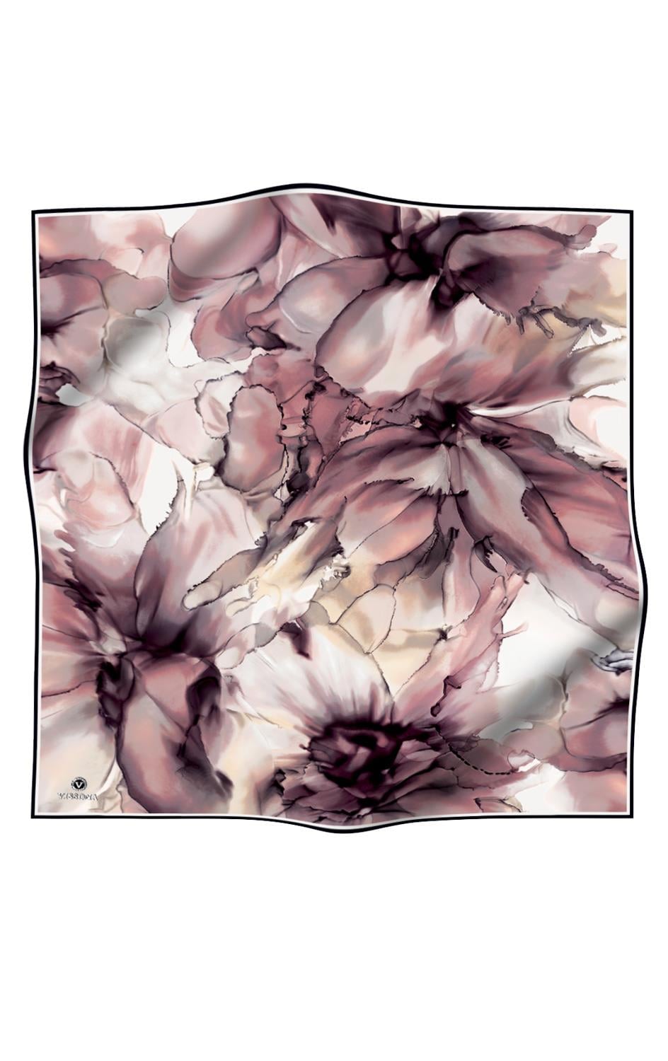 %100 Twill İpek Batik Çiçek Desenli Pudra - Bej Renkli 90x90 Eşarp Kenar Dikiş Şekli El Dikişli