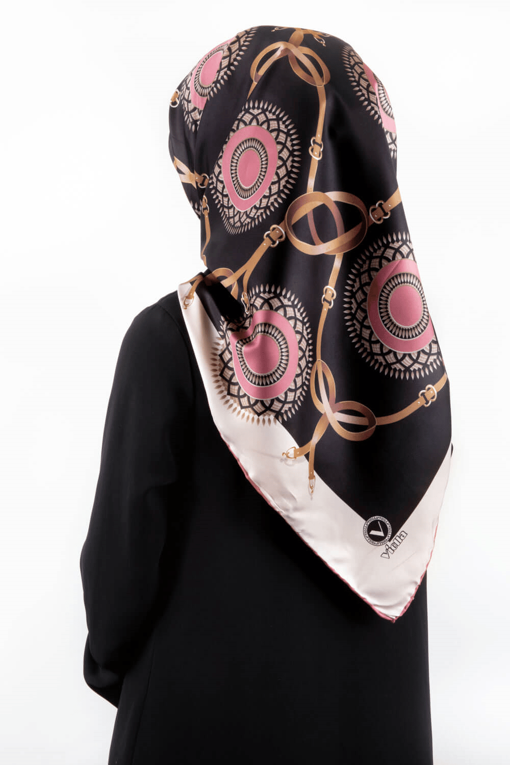 Twill Kemerli Ve Geometrik Desenli Gül Kurusu Renkli 90x90 Eşarp (İpek İçermez) Kenar Dikiş Şekli El Dikişli
