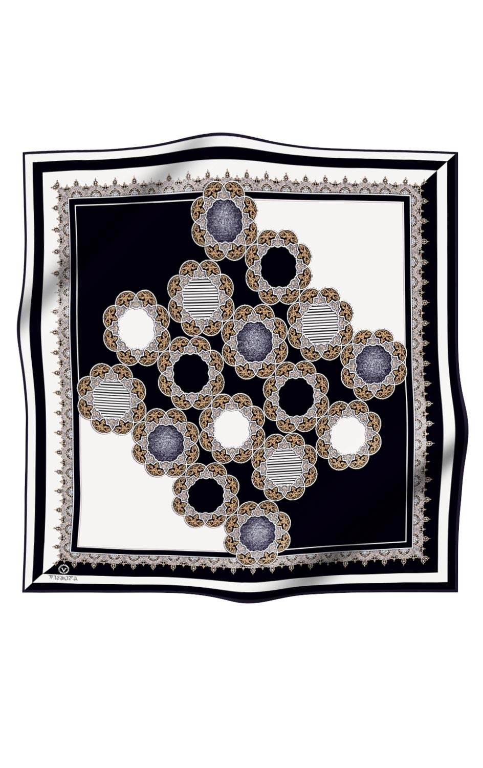 %100 Twill Türk Motifi  Desenli Siyah - Krem Renkli 90x90 Eşarp Dikim Şekli: El Dikişi