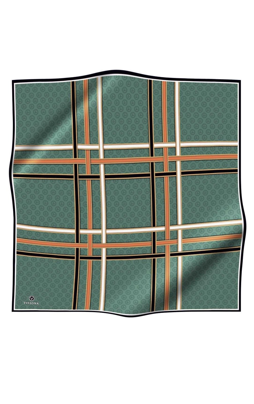 %100 Twill İpek Gold Şeritli Monogram Desenli Petrol Yeşili - Bakır Renkli 90x90 Eşarp Dikim Şekli : El Dikişi