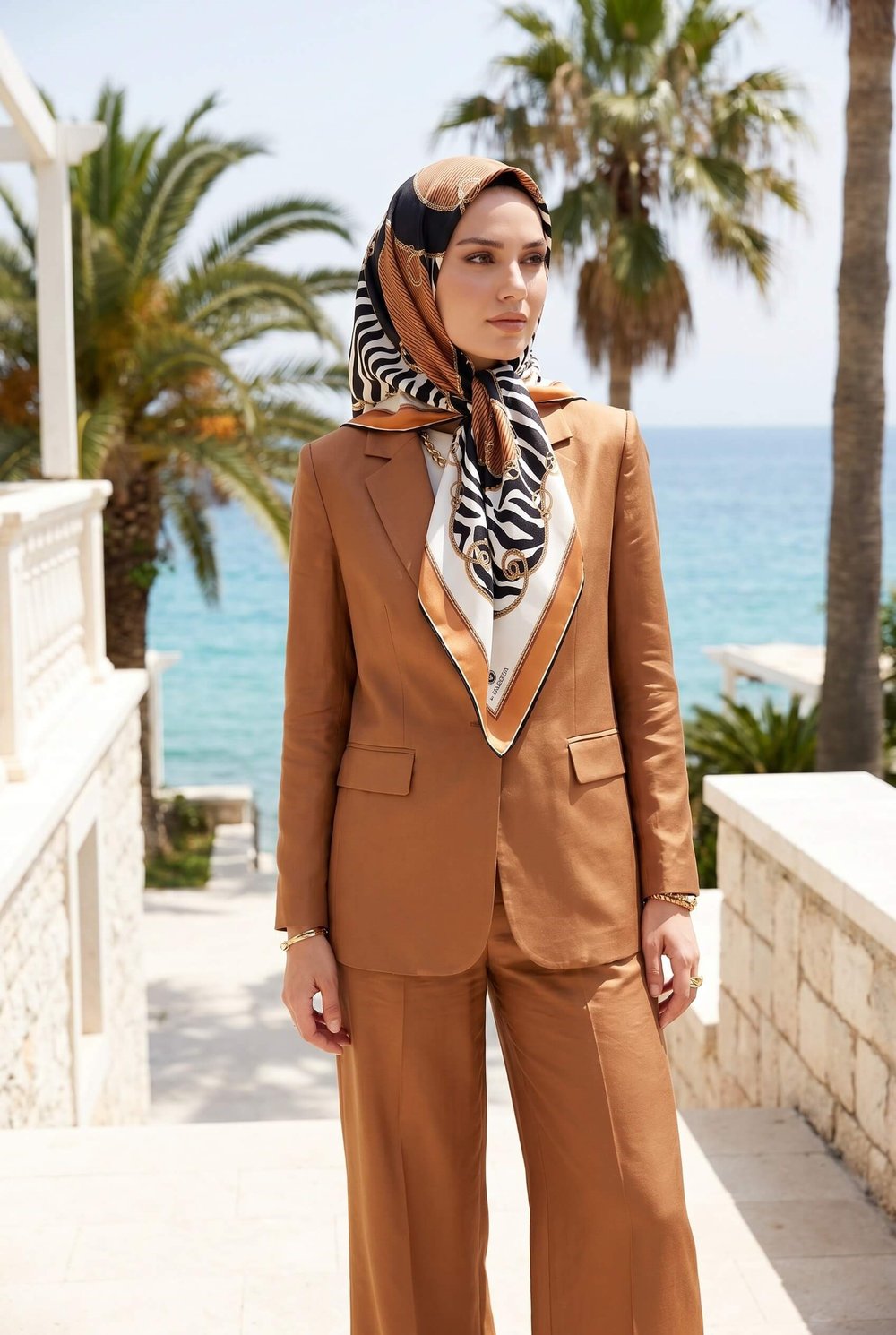 %100 Twill İpek Zincirli Ve Zebra Desenli Bakır - Siyah Renkli 90x90 Eşarp Dikim Şekli : El Dikişi