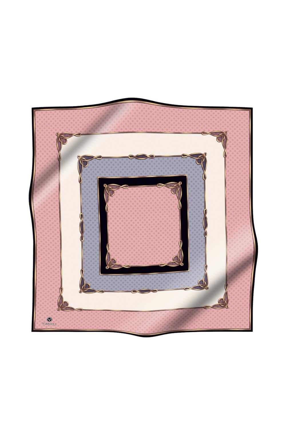 %100 Twill İpek Puantiyeli ve Geometrik Desenli Pudra - Gri Renkli 90x90 Eşarp Dikim Şekli : El Dikişi