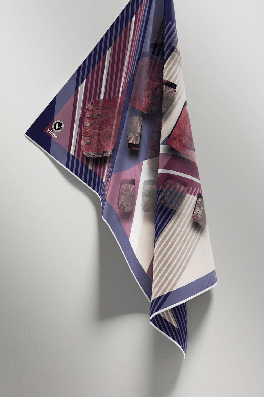 Twill Çizgili ve Geometrik Desenli Mor Renkli 90x90 Eşarp (İpek İçermez) Kenar Dikiş Şekli El Dikişli