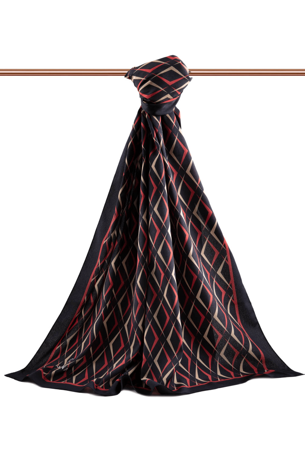 LÜKS MEDİNE İPEĞİ GEOMETRİK DESENLİ SİYAH - BORDO RENKLİ 75X195 KIRIŞMAZ ŞAL MOSS KREP DİKİŞ TİPİ İTALYAN DİKİŞLİ