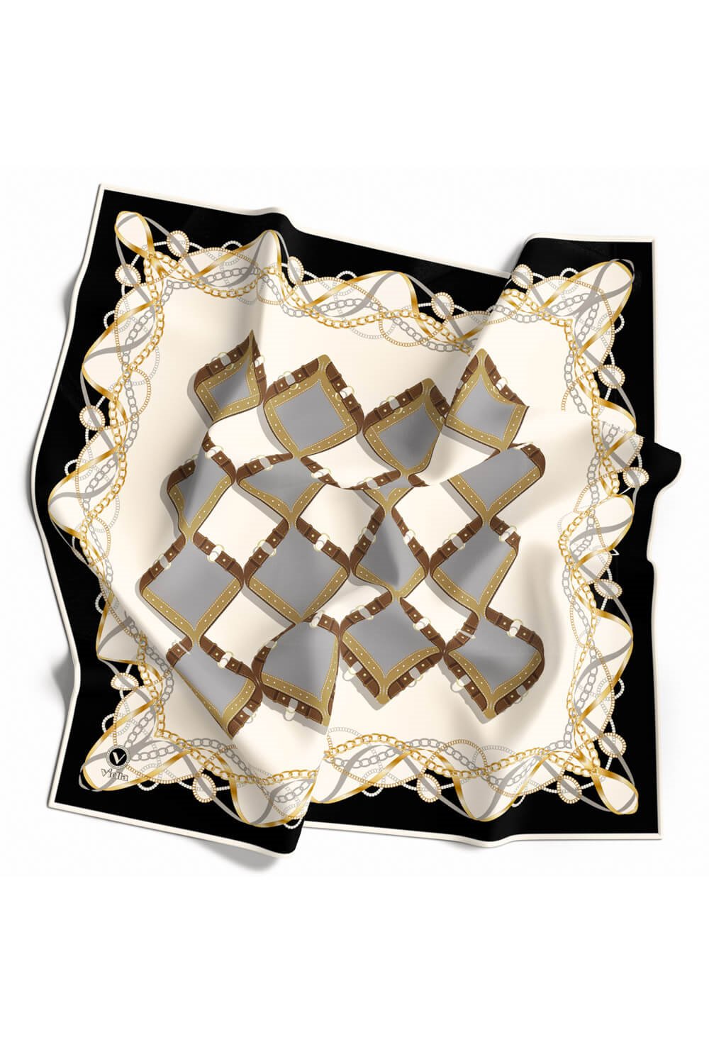 Twill Kemer Ve Zincir Desenli Gri Renkli 90x90 Eşarp (İpek İçermez) Kenar Dikiş Şekli El Dikişli