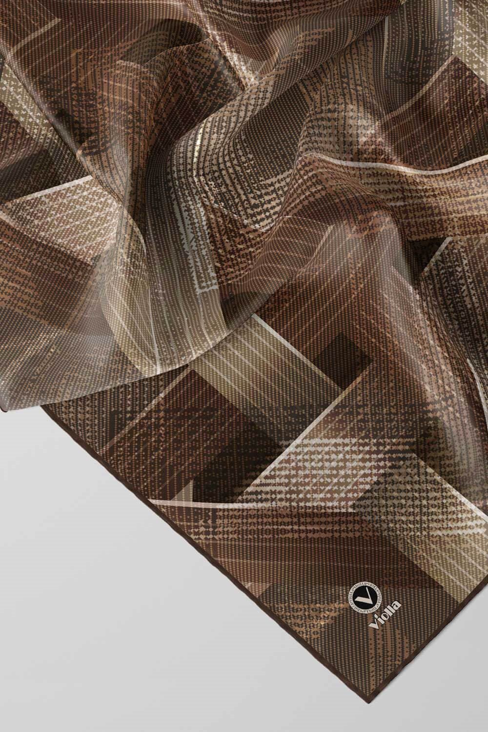 Twill Dokulu Geometrik Desenli Vizon Renkli 90x90 Eşarp (İpek İçermez) Kenar Dikiş Şekli El Dikişli
