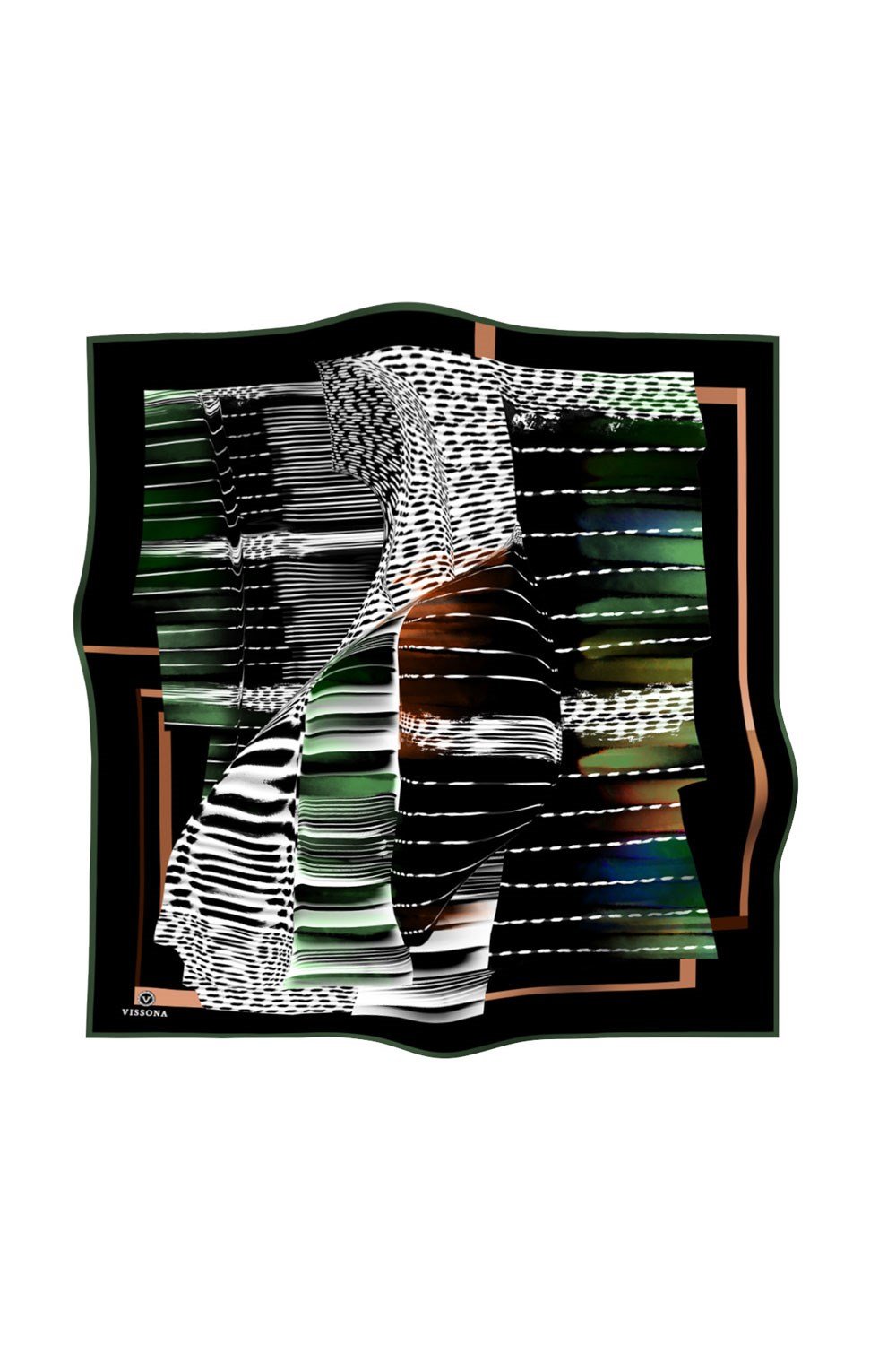 %100 Twill İpek Geometrik Desenli Siyah - Haki Renkli 90x90 Eşarp Dikim Şekli : El Dikişi