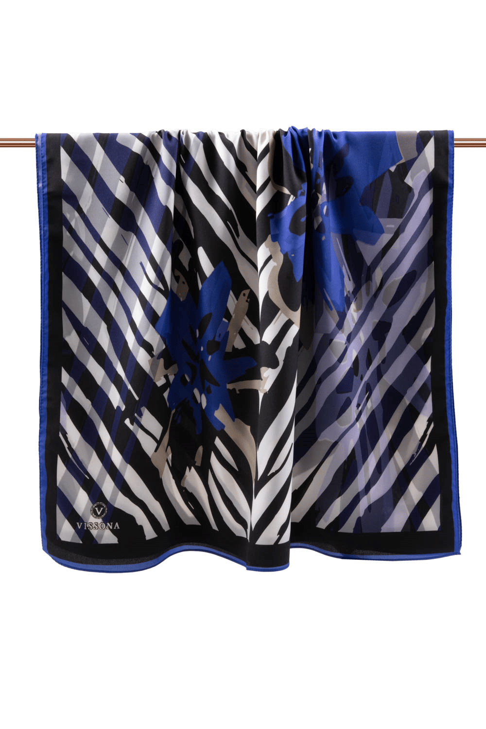 LÜKS MEDİNE İPEĞİ ZEBRA VE ÇİÇEK DESENLİ SAKS RENKLİ 75X195 KIRIŞMAZ ŞAL MOSS KREP DİKİŞ TİPİ İTALYAN DİKİŞLİ