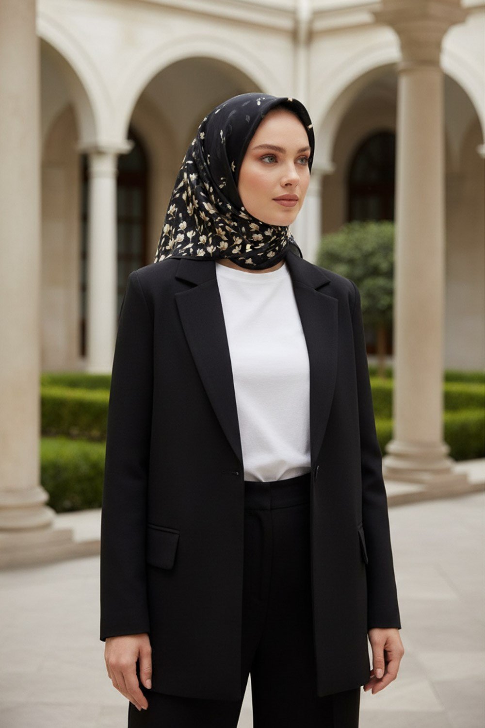 %100 Twill İpek Çiçek Desenli Siyah Renkli 90x90 Eşarp Dikim Şekli : El Dikişi