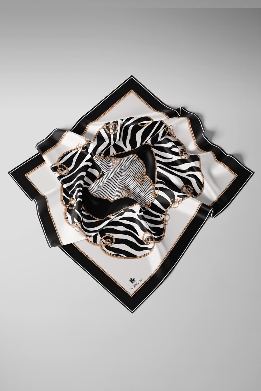 %100 Twill İpek Zincirli Ve Zebra Desenli Krem - Siyah Renkli 90x90 Eşarp Dikim Şekli : El Dikişi