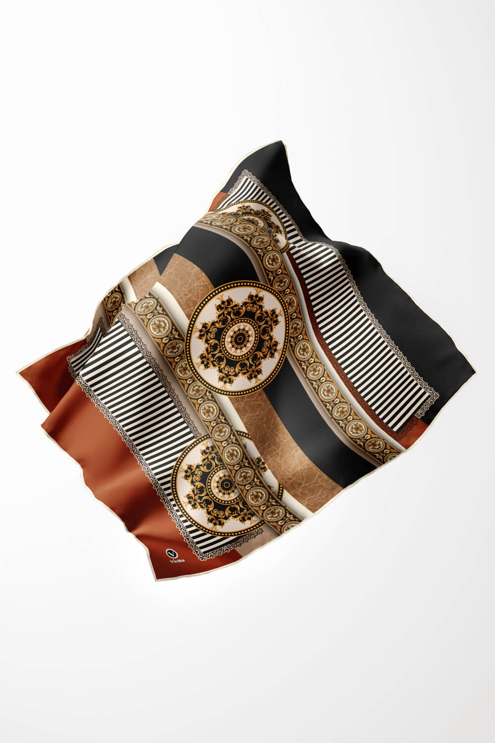 Twill Çizgili ve Barok Desenli Taba Renkli 90x90 Eşarp (İpek İçermez) Kenar Dikiş Şekli El Dikişli