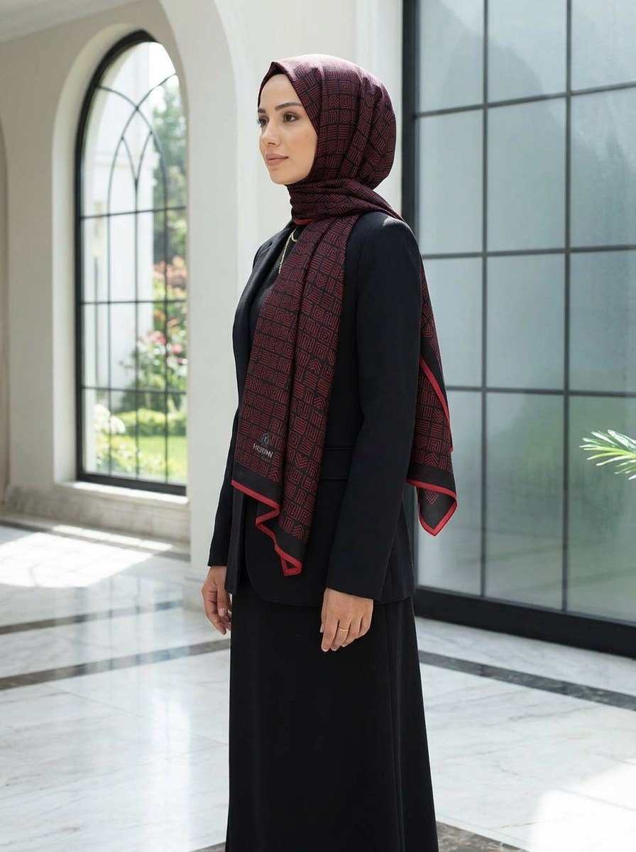 % 100 İPEK ETNİK DESENLİ SİYAH - KIRMIZI RENKLİ ŞAL