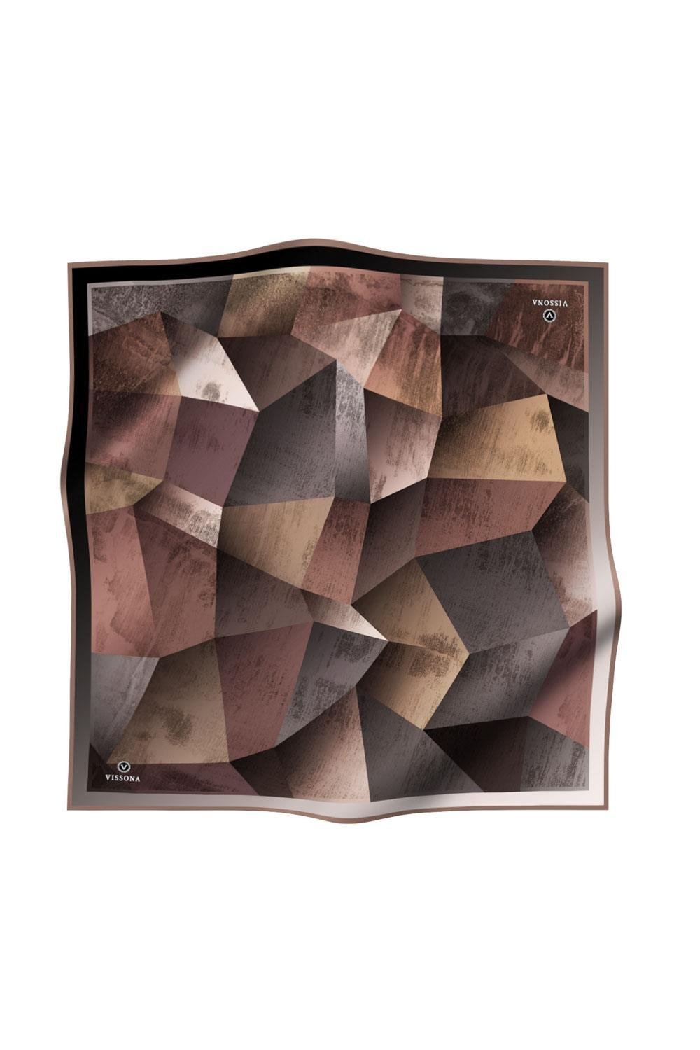 %100 Twill İpek Geometrik Desenli Soğan Kabuğu - Bej Renkli 90x90 Eşarp Dikim Şekli : El Dikişi