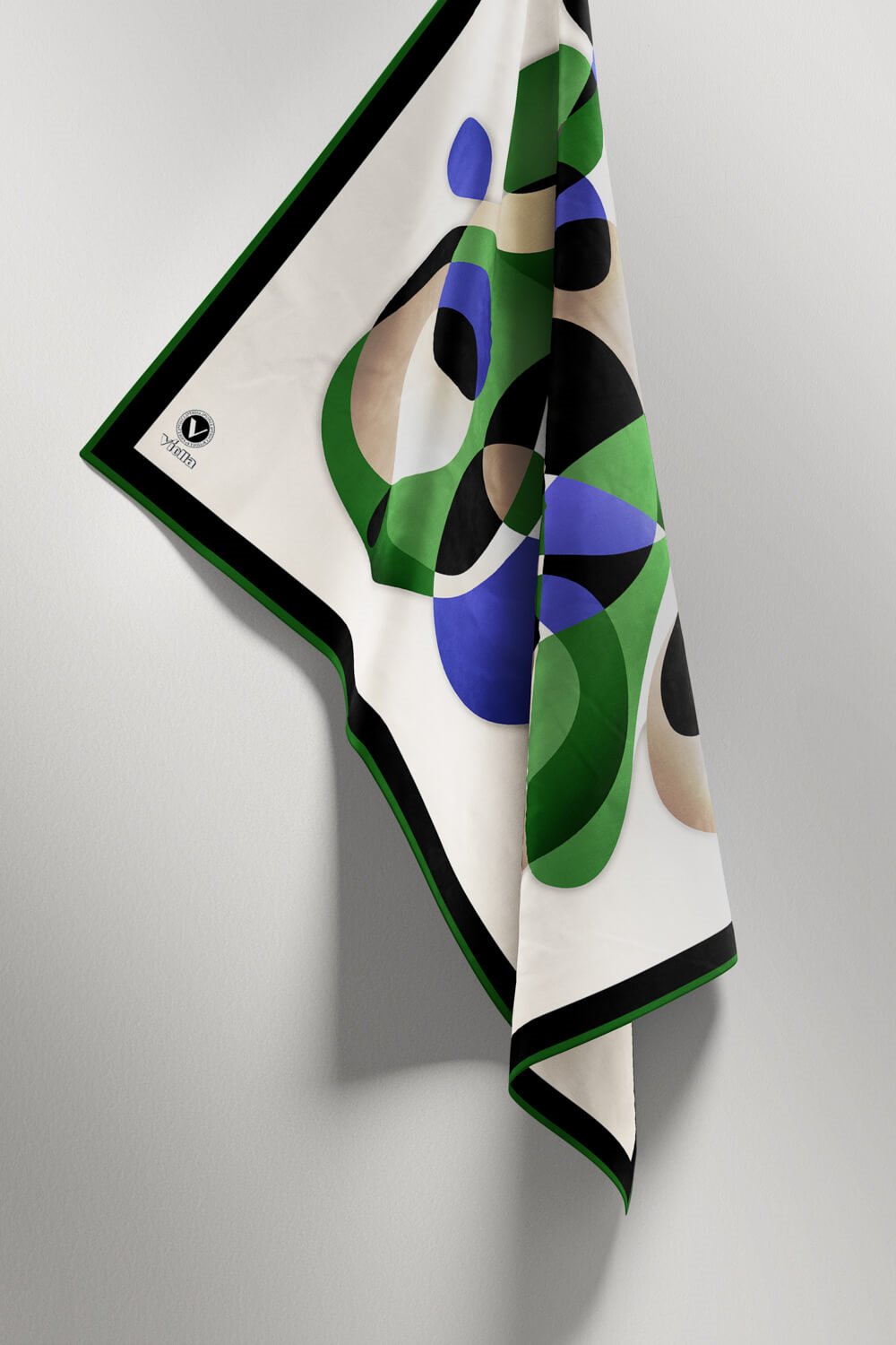 Twill Geometrik Desenli Zümrüt Yeşili - Saks Renkli 90x90 Eşarp (İpek İçermez) Kenar Dikiş Şekli El Dikişli