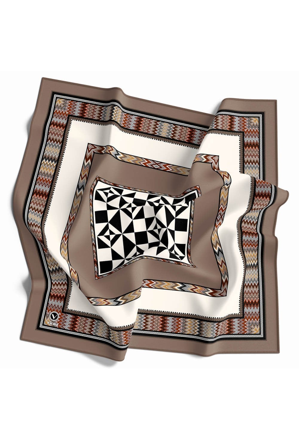Kristal Geometrik Desenli Bej - Krem Renkli 90x90 Dikim Şekli : El Dikişi Eşarp (İpek İçermez)