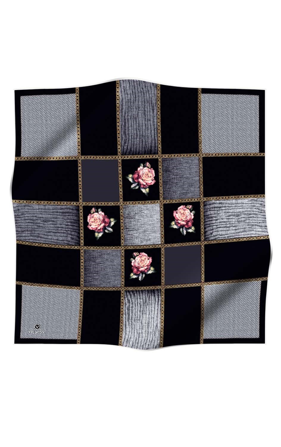 %100 Twill İpek Dokulu Çiçekli Ve Geometrik Desenli Siyah - Gri Renkli 90x90 Eşarp Dikim Şekli : El Dikişi