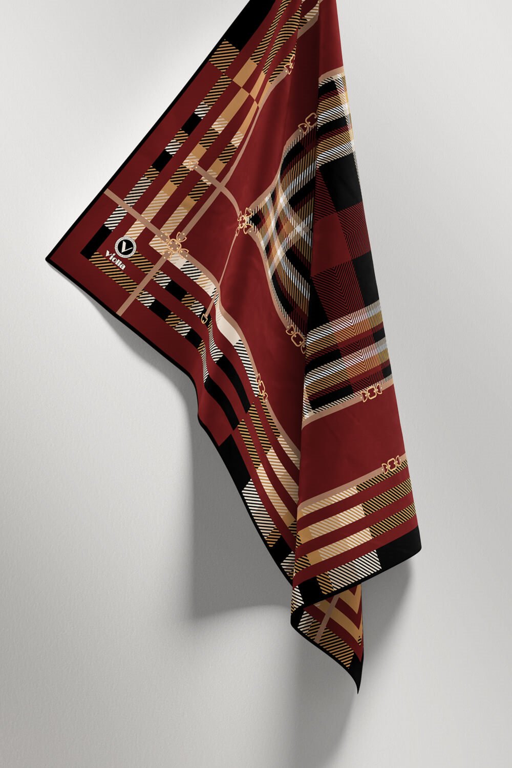 Twill Kemerli ve Ekose Desenli Bordo Renkli 90x90 Eşarp (İpek İçermez)Kenar Dikiş Şekli El Dikişli
