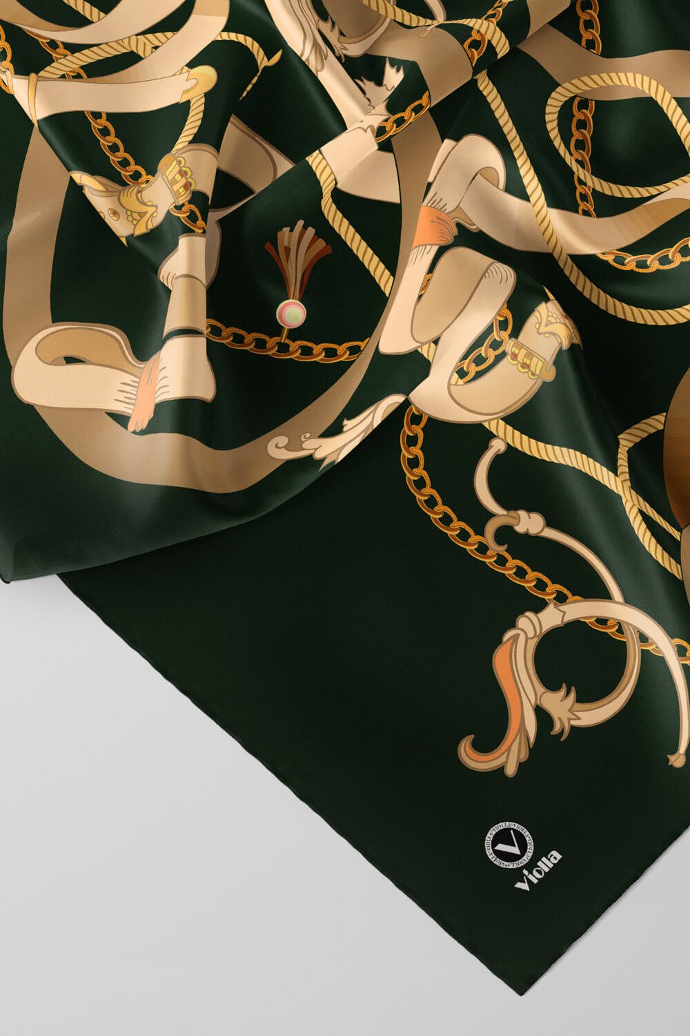 Twill Kemerli Ve Zincir Desenli Zümrüt Yeşili Renkli 90x90 Eşarp (İpek İçermez) Kenar Dikiş Şekli El Dikişli
