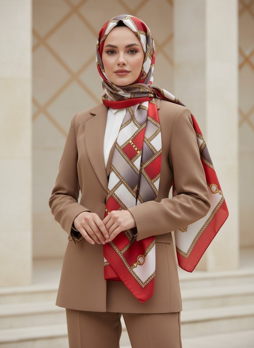 100% İPEK KEMER DESENLİ KIRMIZI - VİZON RENKLİ ŞAL
