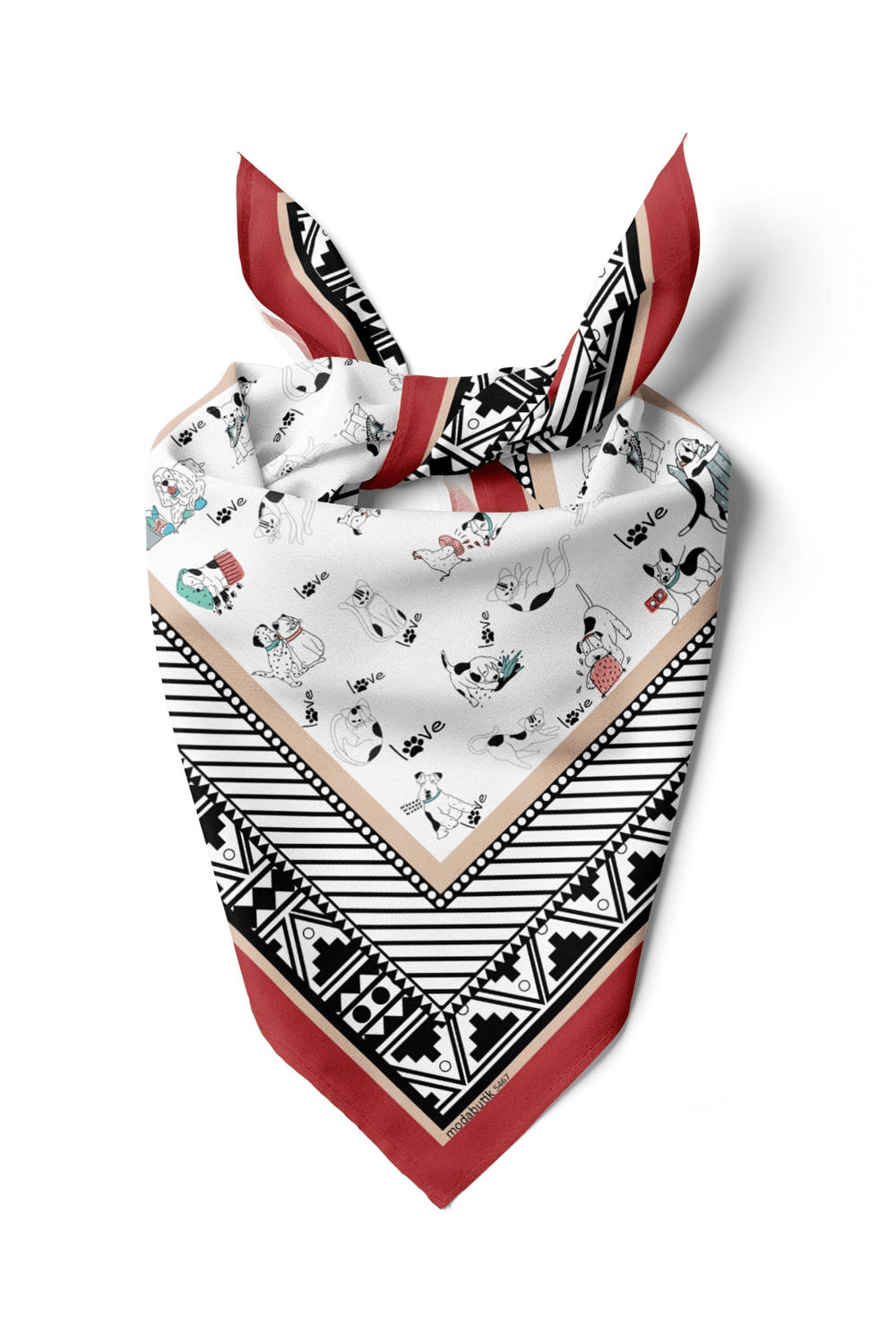 Etnik Dog Desenli Kırmızı Siyah Köpek Bandanası DG5467 45x45