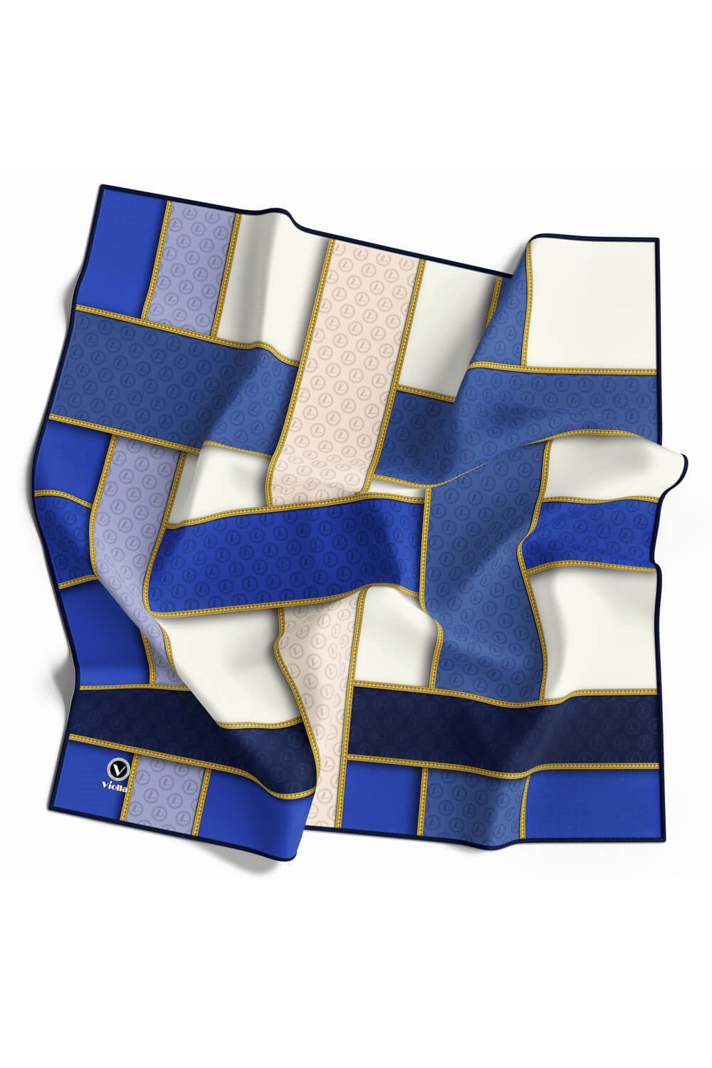 Twill Şeritleri Monogram Desenli Saks Renkli 90x90 Eşarp (İpek İçermez) Dikim Şekli : El Dikişi