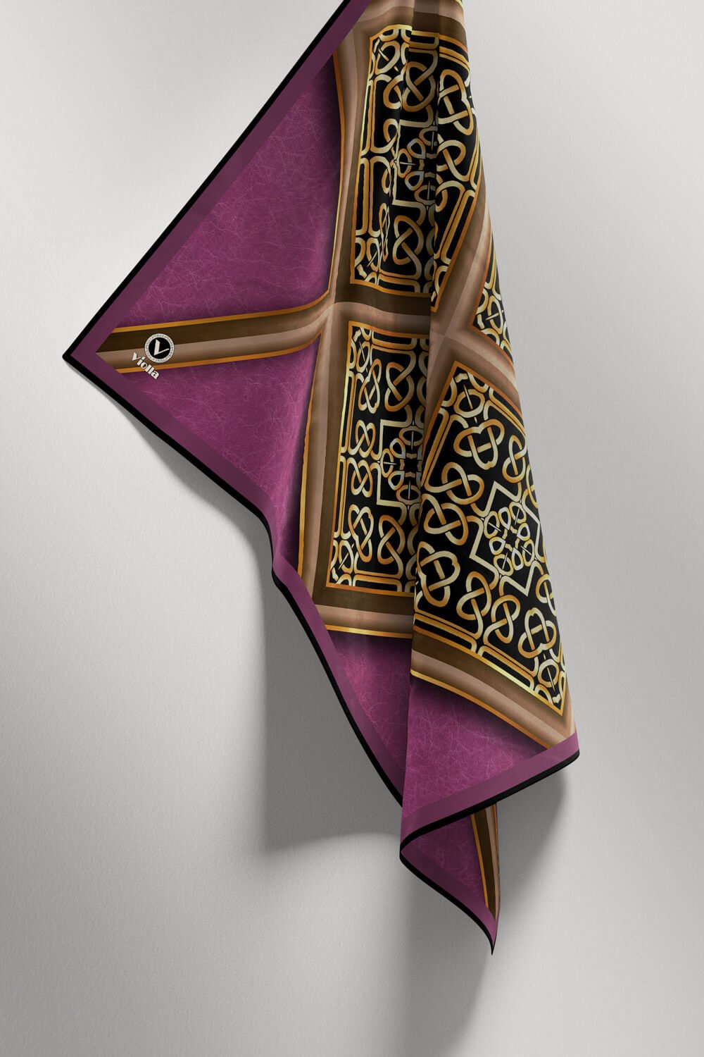 Twill Gold Çerçeveli Barok Desenli Mürdüm Renkli 90x90 Eşarp (İpek İçermez) Kenar Dikiş Şekli El Dikişli